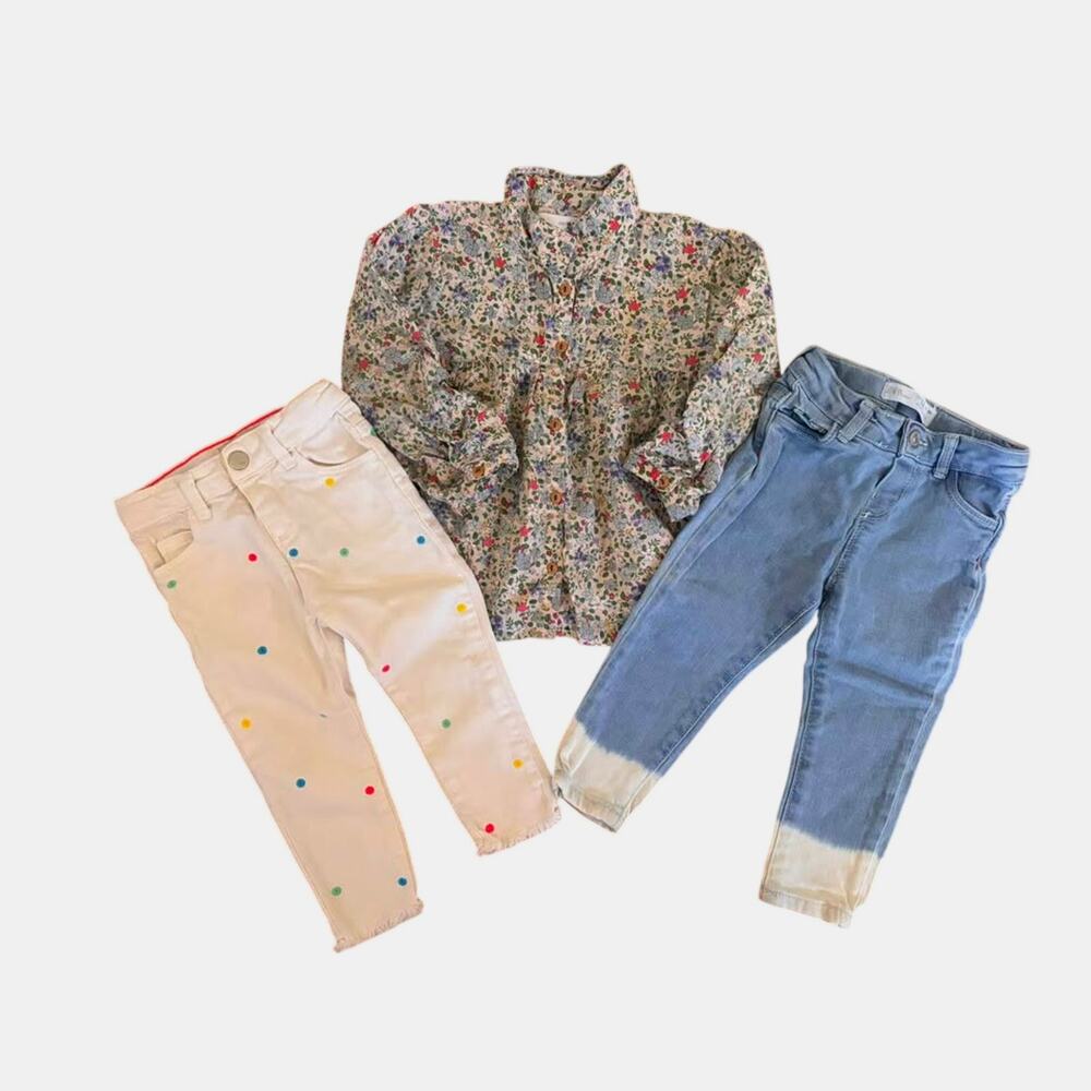 Zara Baby Girl 18M White Jeans Light Wash Jeans Floral Blouse 3 Piece Bundle